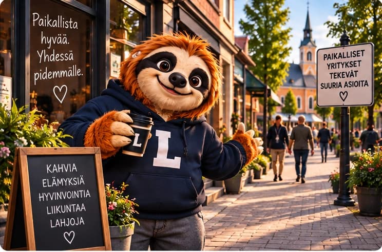 Laiskis paikallisten yritysten ympäröimässä suomalaisessa kaupunkimiljöössä