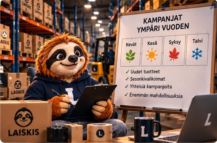 Laiskis suunnittelee varastossa tuotteita eri vuodenaikojen kampanjoihin