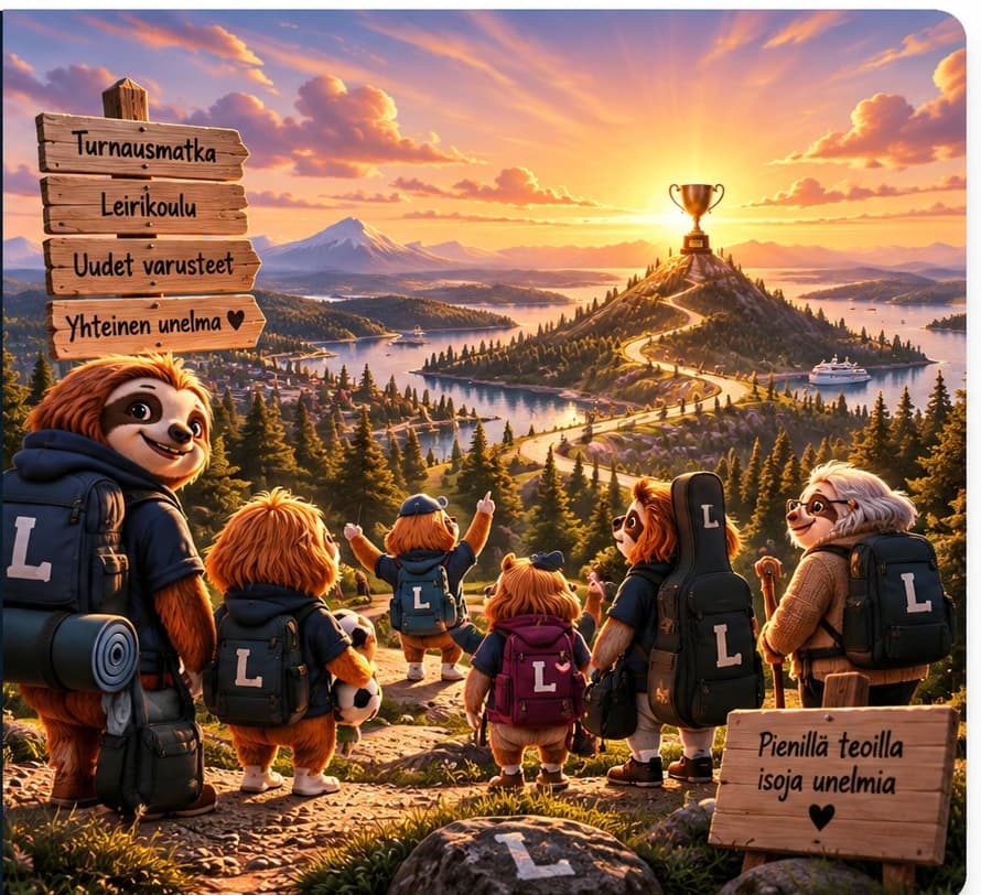 Eri-ikäinen Laiskis-porukka lähtee yhteiselle polulle kohti auringonlaskussa näkyvää tavoitetta
